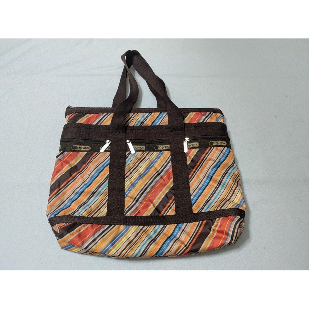 Retro LeSportsac Stripe Everyday Tote Handbag Purse + Make-up Bag  Brown Orange